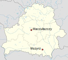 Położenie Mozyrza i Maczyliszczy na mapie Białorusi. / Opracowanie własne na podst. Wikimedia Commons.