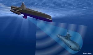 Artystyczna wizja Sea Hunter tropiącego okręt podwodny. / fot DARPA.