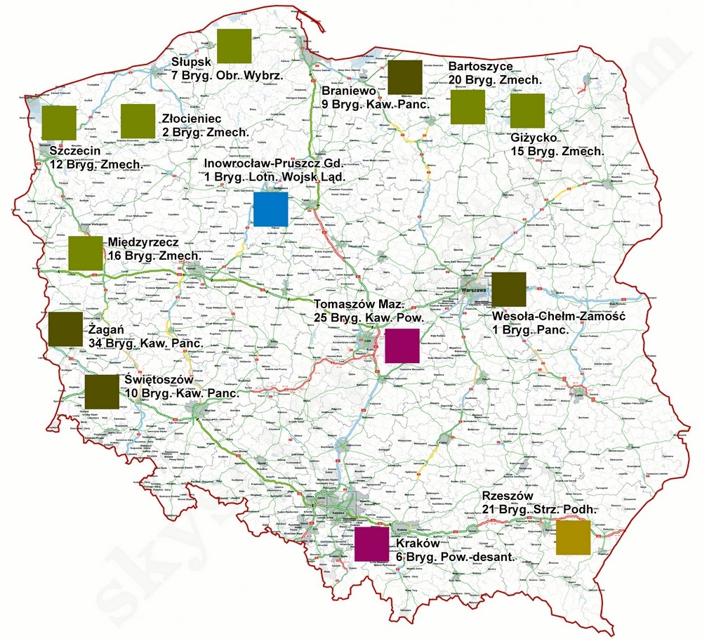 Mapa nr 5: Rozmieszczenie na terenie Polski brygad liniowych Wojsk Lądowych RP w 2014 r. / Źródło: B. Wydra, Rzeszów zyska na konflikcie na Ukrainie, TWiNN, 29.04.2014, http://twinn.pl/?idd=8&rok=2014&page=0&id=973&poz=ml1%20, (dostęp: 22.04.2016).