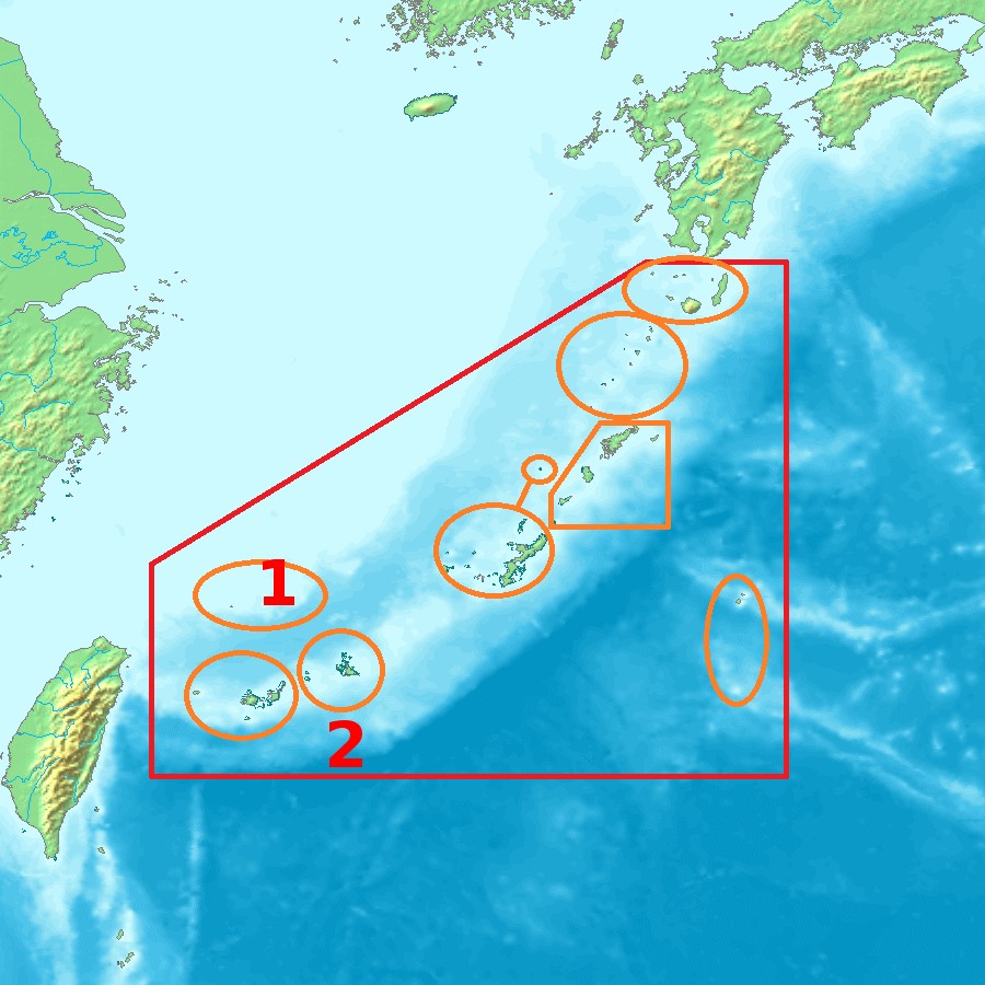 1. Wyspy Senkaku; 2. Miyako (archipelag Riukiu). / Wikimedia Commons (CC BY-SA 3.0). 
