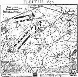 Schemat bitwy pod Fleurus, pochodzący z Encyclopaedia Britannica/ źródło: Wikimedia Commons.