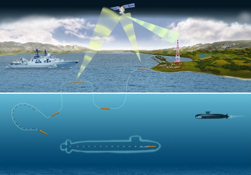Artystyczna wizja bezzałogowego aparatu podwodnego Surrogat podczas ćwiczeń, w których symuluje on wrogi okręt podwodny. / fot. CBK "Rubin".