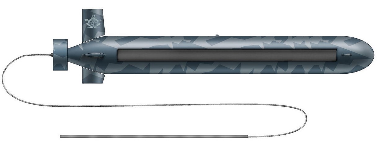 Artystyczna wizja bezzałogowego aparatu podwodnego Surrogat z holowaną anteną sonaru. / fot. CBK "Rubin".