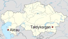 Położenie miejscowości Aktau i Tałdykorgan w Kazachstanie. / Opracowanie własne na podst. Wikimedia Commons.